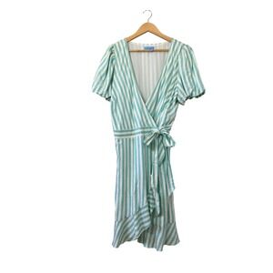 Draper James RSVP Striped Wrap Midi Dress Turquoise White Linen Blend Size L